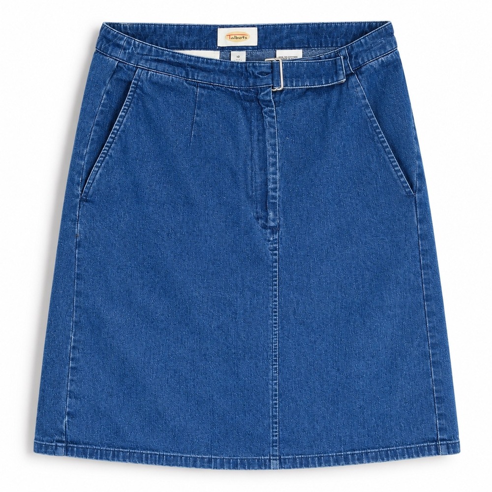 Talbots Women's 10 Blue Denim A-Line Skirt Belted Knee Length Classic Cotton